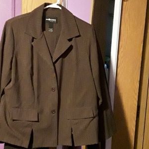 Brown suitcoat and slacks with black pin stripes